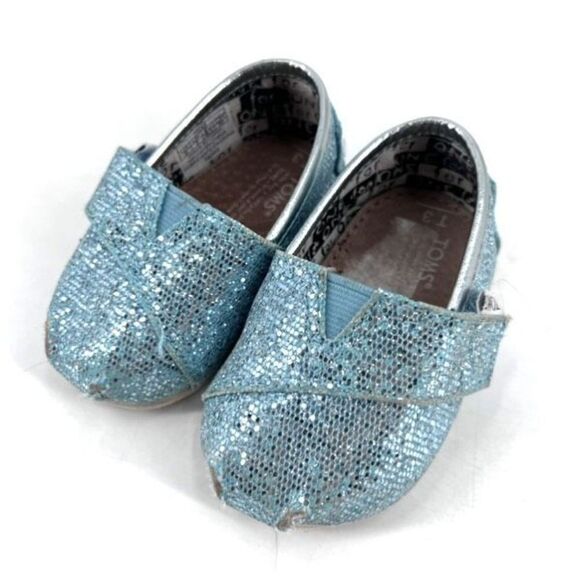 Tom’s Blue Sparkling Glitter Alpargata Shoes Slip Ons size 3 baby little  Frozen - Picture 1 of 6
